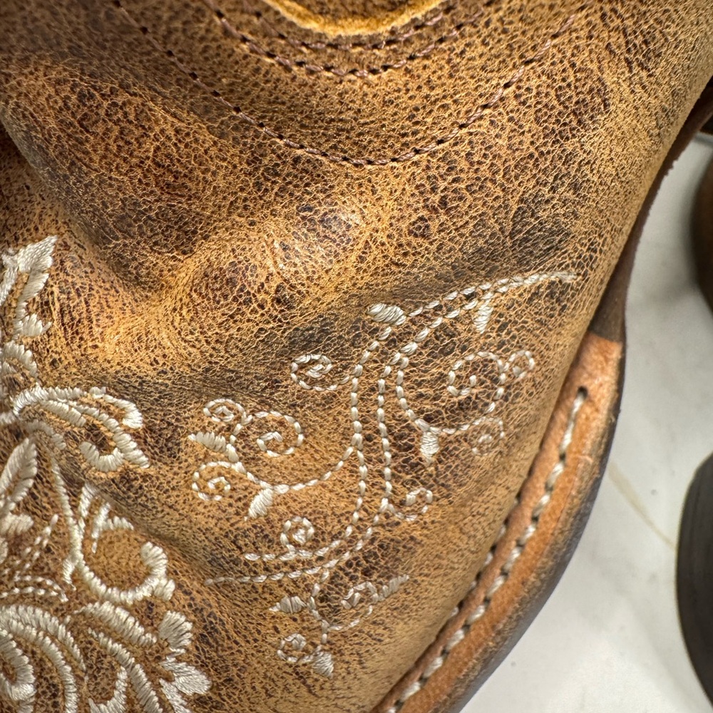 BSY1958 Old West Girl's Youth Square Toe Leather Western Boot Brown Size 7 - Picture 7 of 9